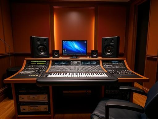 Interior view of Estúdio Onda Sonora's comfortable and professional mixing desk area with ambient lighting