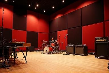 Spacious live recording room with drum kit and amplifiers at Estúdio Onda Sonora