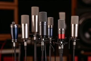 A diverse collection of high-end studio microphones on stands