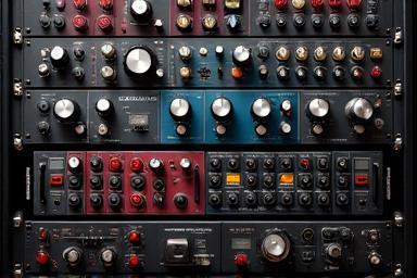 Rack filled with analog outboard audio processors and effects units